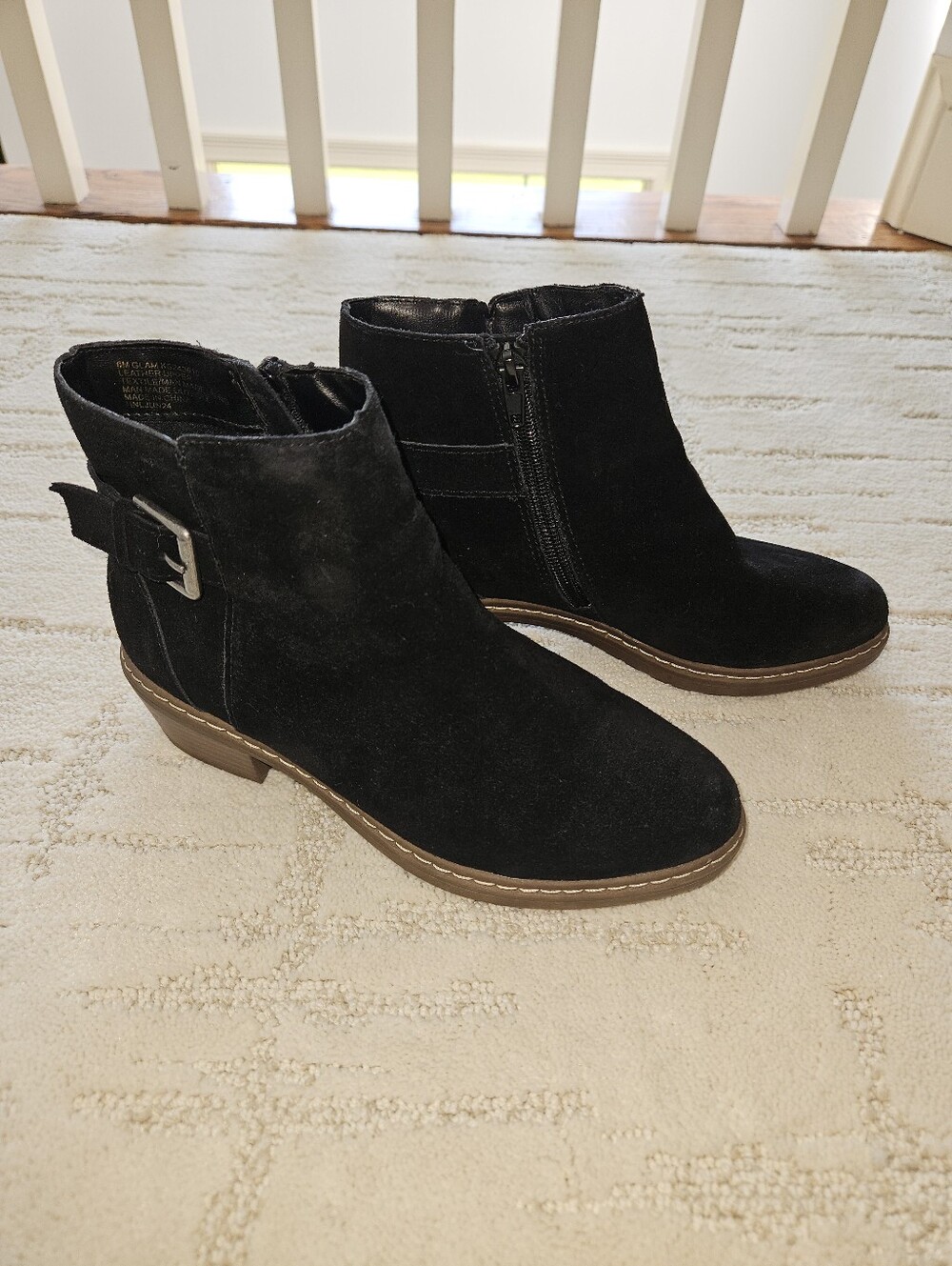 Kensie Black Suede Ankle Booties with Buckle Detail, Size 6